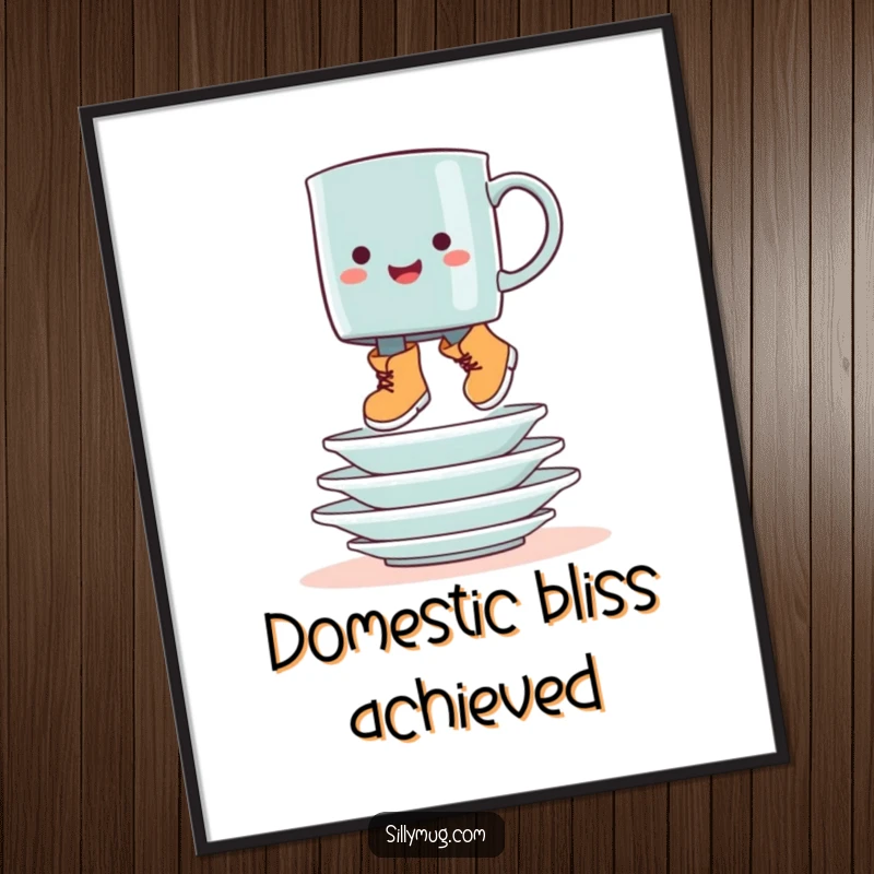 Funny booted mug hop poster, depicting a mug with boots jumping over dishes, for humorous wall decor.