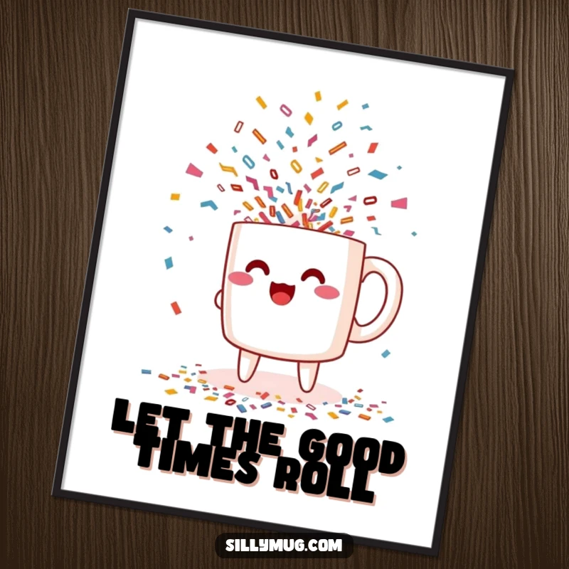 Funny excited Kawaii mug character pouring confetti poster, perfect for adding celebratory and humorous artistic flair to wall decor.