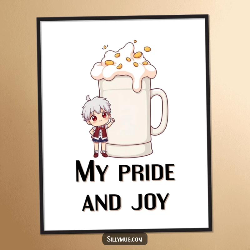 Funny poster art of a character posing proudly next to a massively oversized, overflowing coffee mug, celebrating coffee's grand scale.
