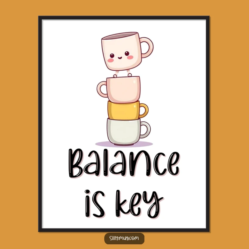 Funny Kawaii Mug Balance Poster: A Hilarious Stack of Fun!