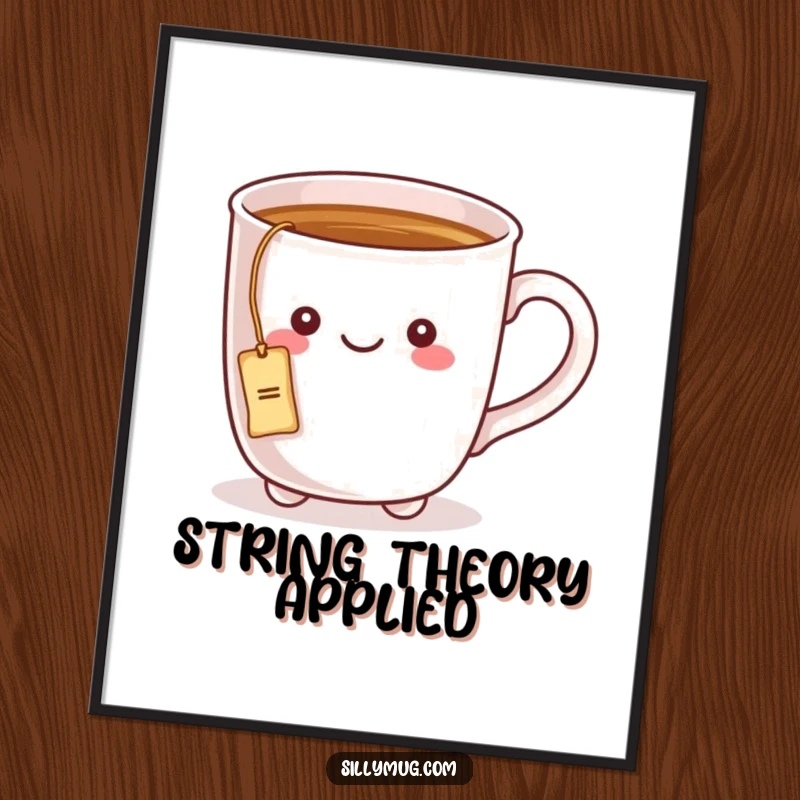 Funny poster depicting a kawaii mug character with a tea bag string tied to its handle, creating a sweet tea-time moment.