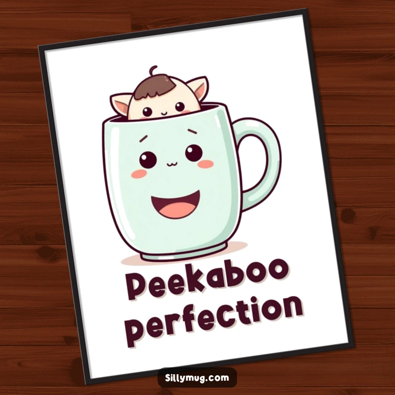 Funny poster showing a cute Kawaii character peeking from inside a very large, smiling mug, creating a sense of playful discovery.