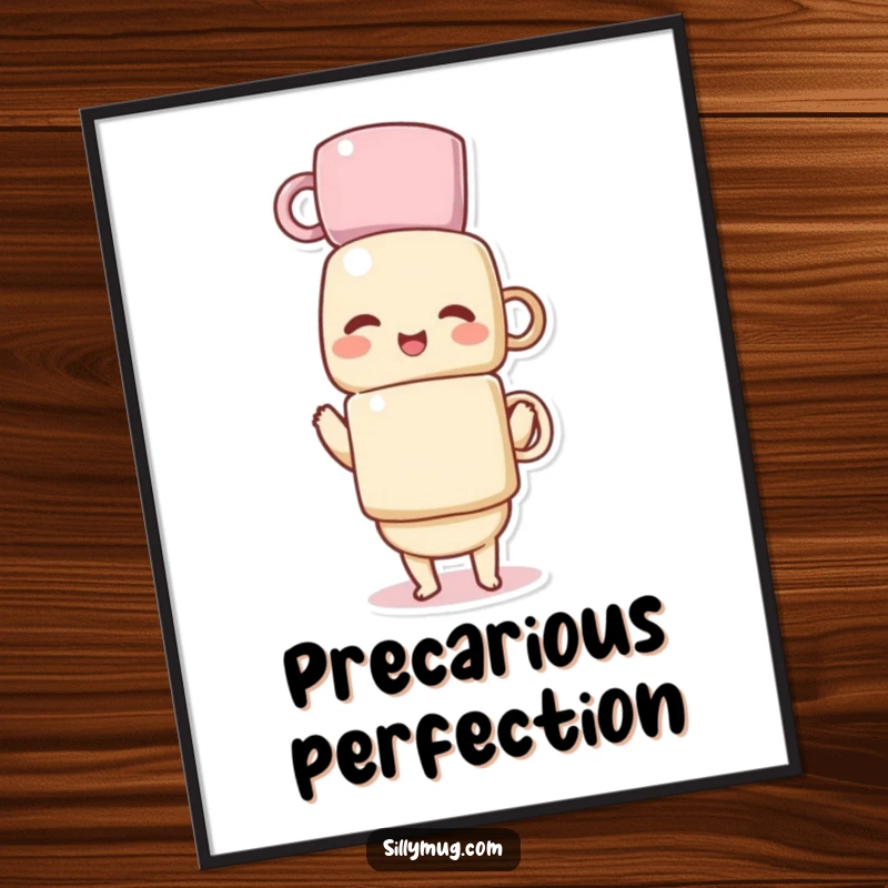 Funny poster showing a giggling Kawaii character with a ridiculously tall stack of mugs, capturing a moment of pure, comical suspense.