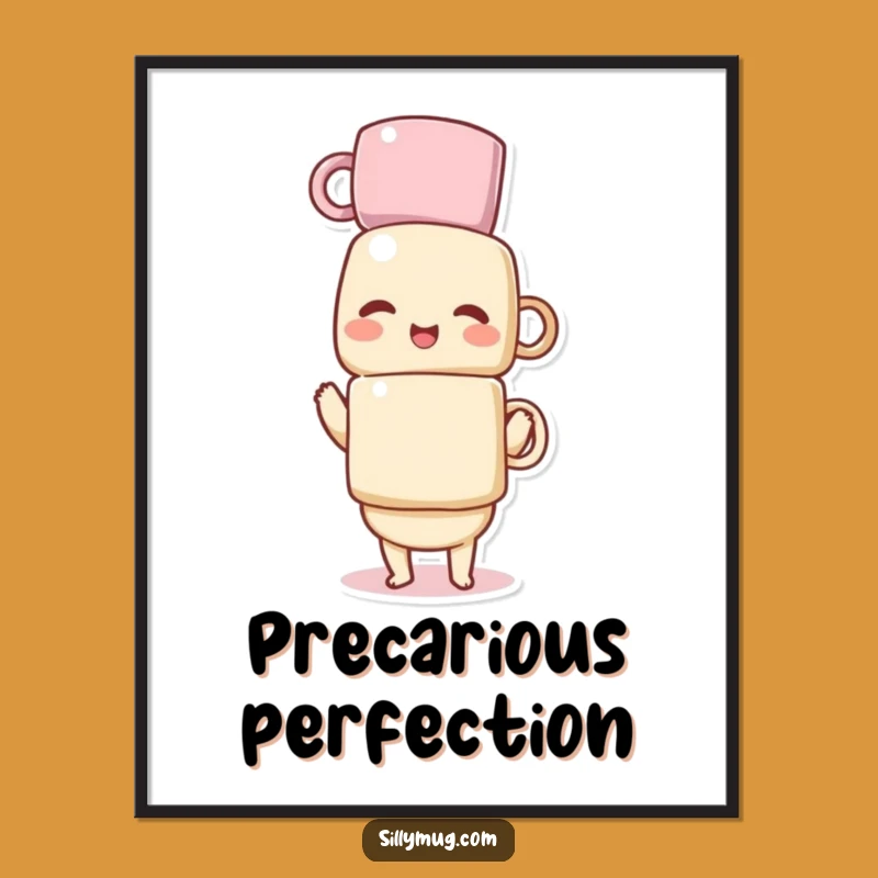 Giggling Kawaii Mug Tower Poster: Funny Wall Art for a Cheerful Home