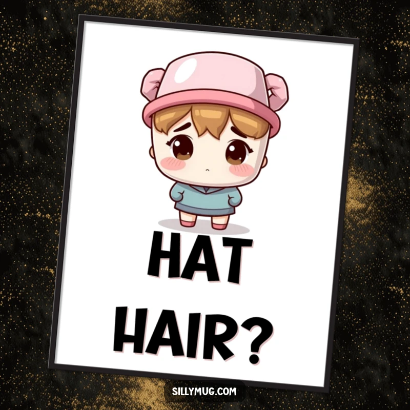 Funny Poster: A character looks utterly confused while wearing a coffee mug as a hat, a humorous piece of wall art.