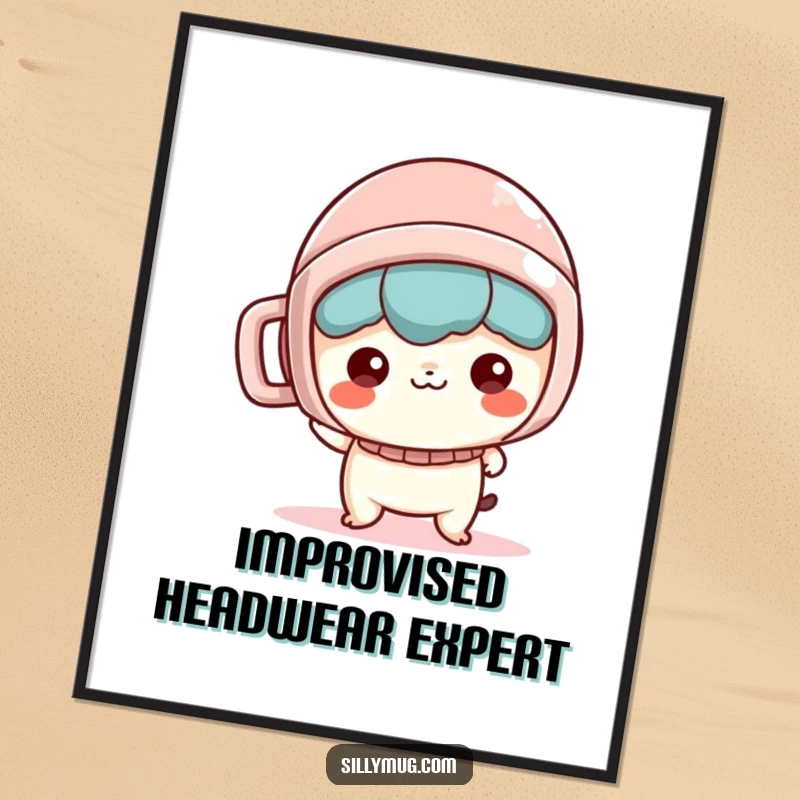Funny Poster: A mischievous Kawaii character playfully wears a mug as a helmet, creating a humorous and endearing scene.