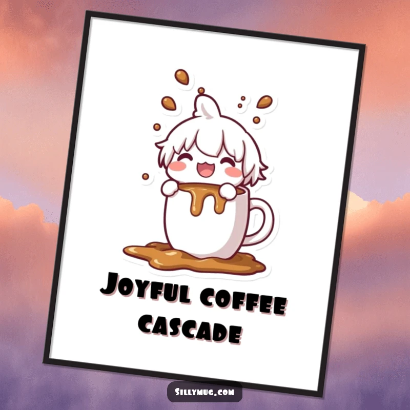 Funny Kawaii character poster, joyfully spilling coffee from an overflowing mug, whimsical coffee art, perfect for kitchens and cafes.