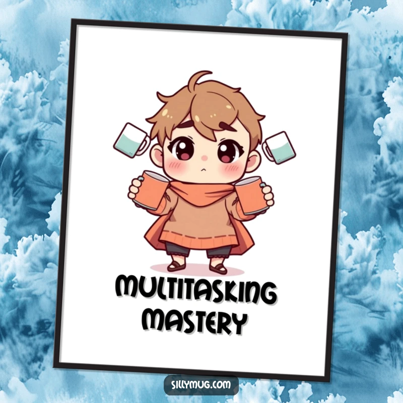 Funny Poster: A stylized illustration of a character skillfully juggling an assortment of coffee mugs, designed for humorous wall decor.