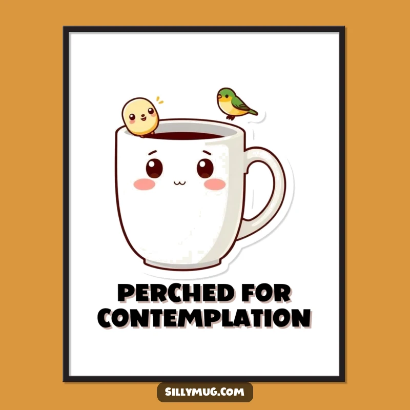 Funny Kawaii Mug Art: Whimsical Character & Bird Print, Delightful Decor Gift