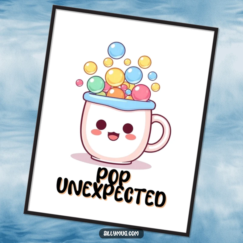 Funny kawaii poster of a mug character overflowing with bubbles, looking hilariously surprised, perfect for whimsical decor.