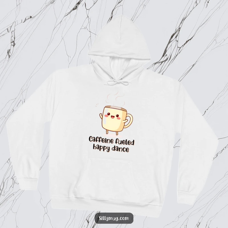 Funny hoodie showcasing a kawaii mug character dancing joyfully amidst swirling steam, offering comfort and humor.