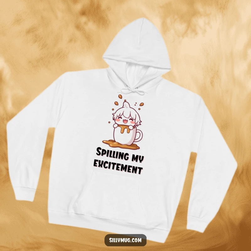 Funny Kawaii character hoodie, joyfully spilling coffee from an overflowing mug, warm and humorous apparel, great gift for coffee lovers.
