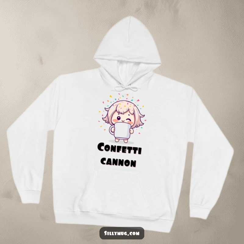 Funny hoodie featuring a cheerful Kawaii character joyfully holding a mug that is actively spraying colorful confetti, perfect for festive occasions.