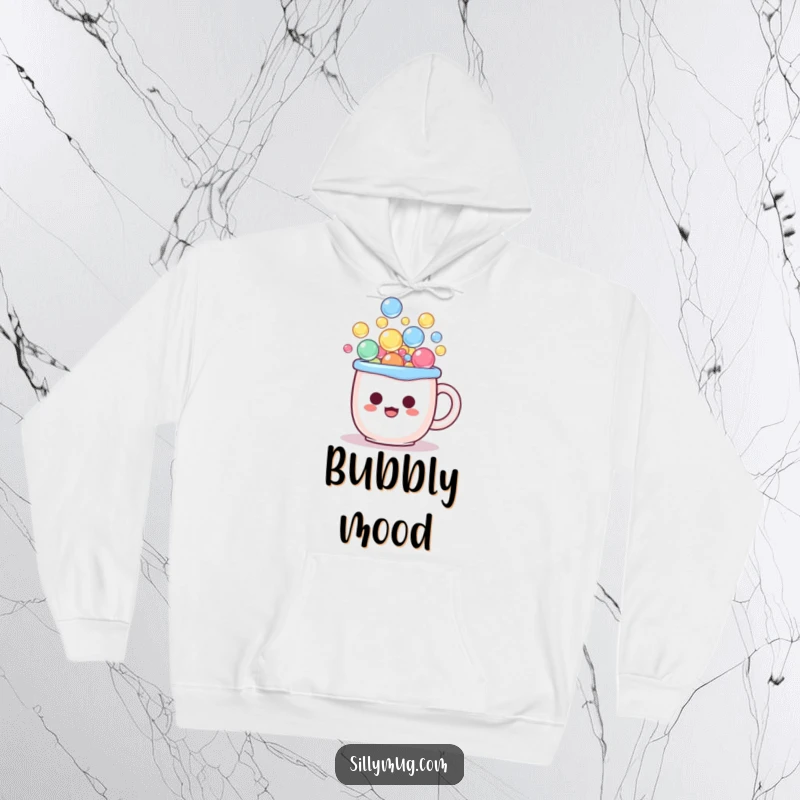 Funny kawaii hoodie showing a mug character covered in bubbles, with a look of comical surprise.