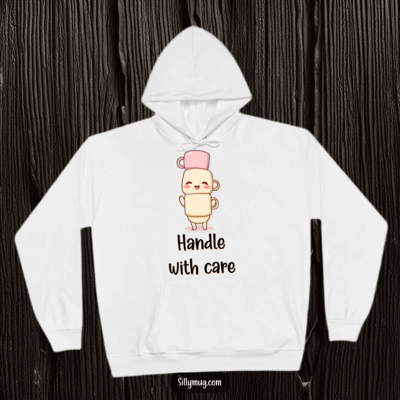 Funny hoodie showcasing a gleeful Kawaii character attempting to balance a precarious tower of coffee mugs, radiating cheerful clumsiness.