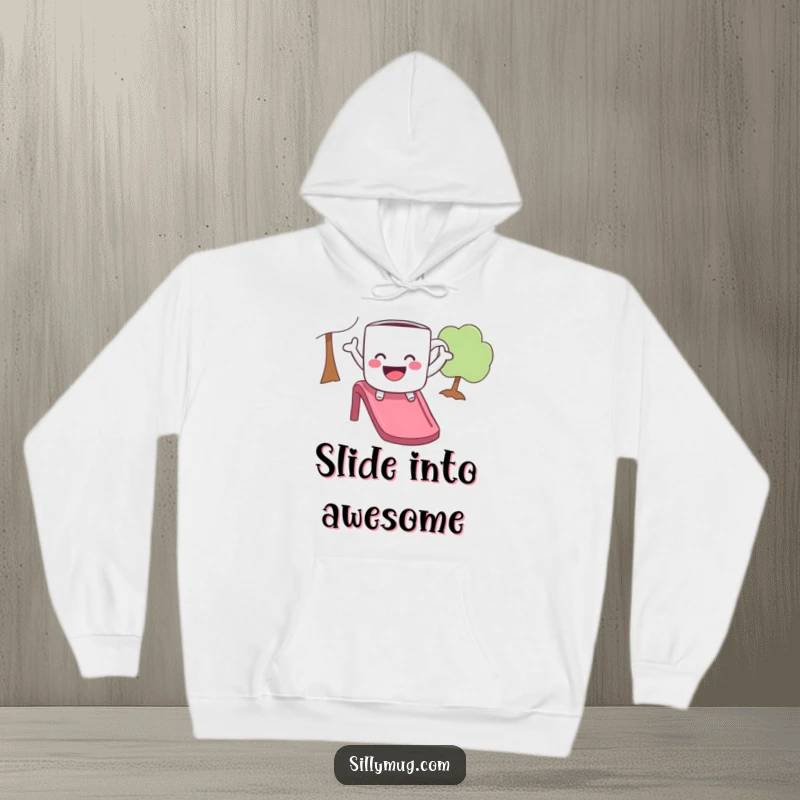 Funny hoodie featuring a playful mug with arms outstretched joyfully sliding down a slide, cozy and humorous.
