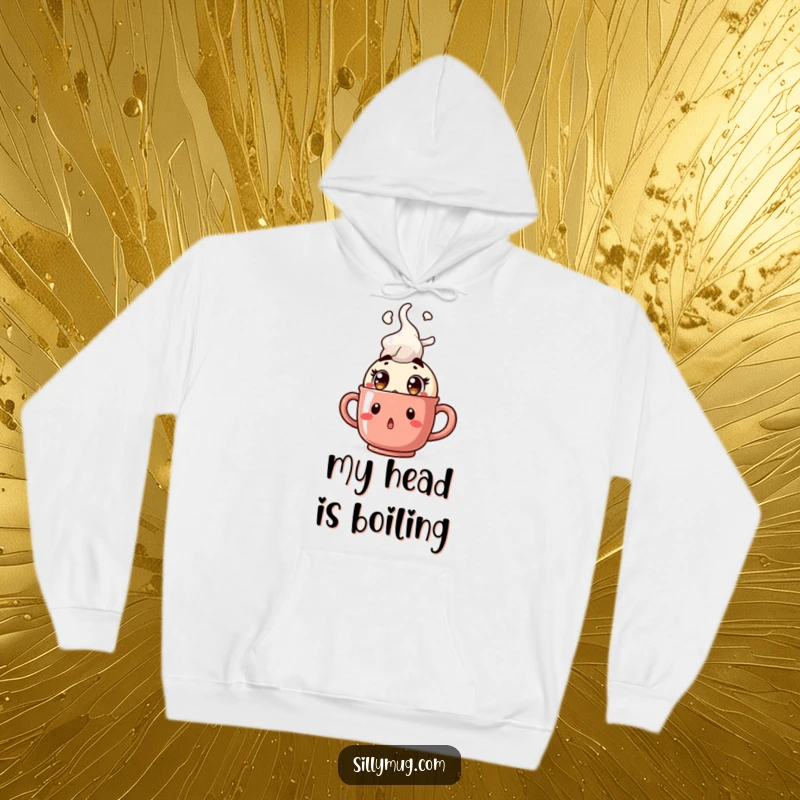 Funny Kawaii character hoodie, surprised with wide eyes as a mug bursts with steam, warm and humorous apparel, great gift for coffee lovers.