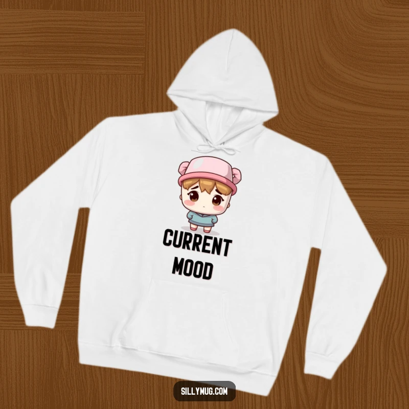 Funny Hoodie: A bewildered character sports a coffee mug on their head as a hat, a humorous and comfortable garment.