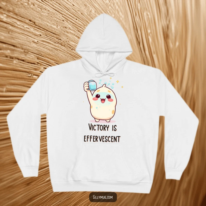 Funny Hoodie: A triumphant Kawaii character raises a mug loaded with sparkling bubbles, exuding happiness and a celebratory vibe.