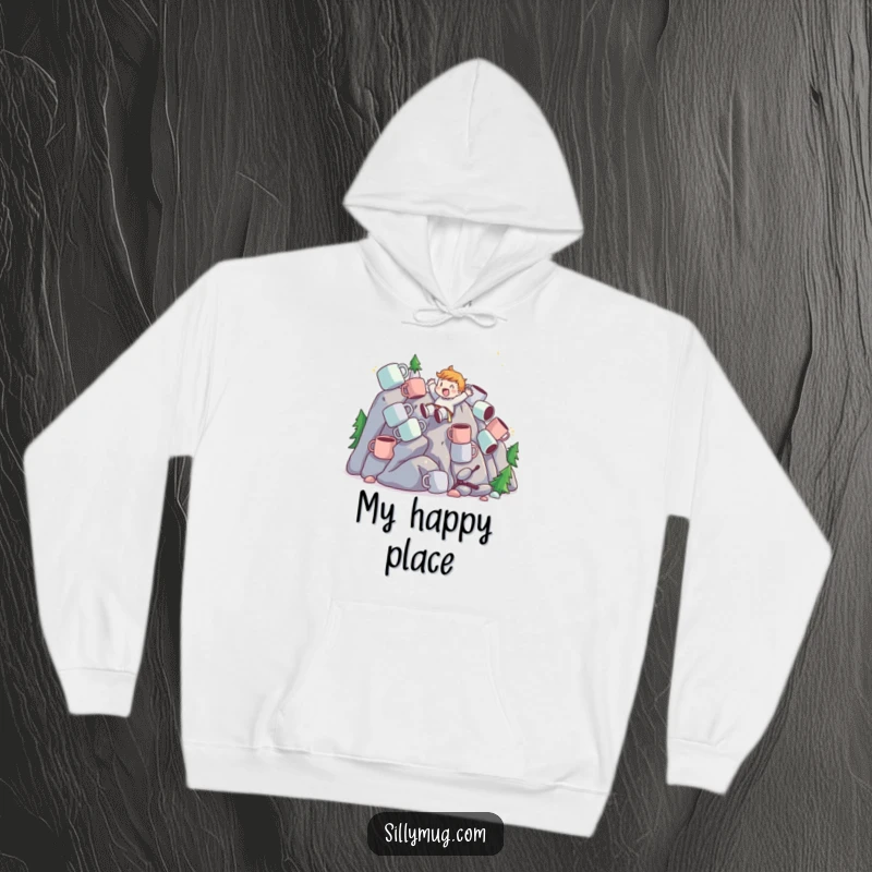 Funny Hoodie featuring a character sliding down a mountain of mugs, blending cozy comfort with thrilling coffee-themed humor.