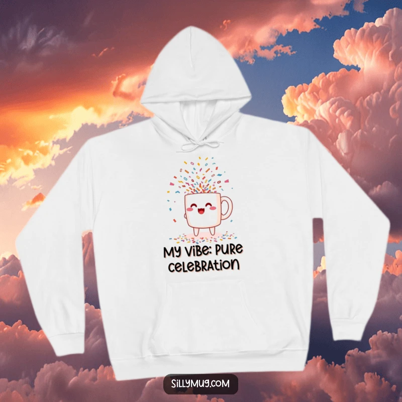 Funny excited Kawaii mug character pouring confetti on a hoodie, offering cozy comfort with a vibrant and festive design for a funny gift.
