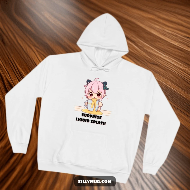 Funny hoodie featuring a surprised character reacting to a hot liquid spill from a mug, ideal for cozy humor.