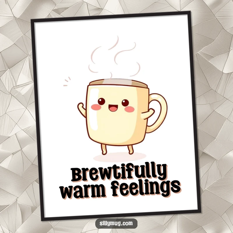 Funny free printable wall art: A single kawaii mug performing an energetic happy dance, steam swirling playfully around.