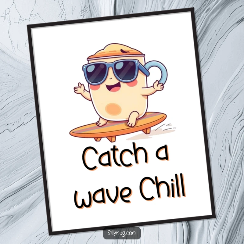 Funny Free Printable Wall Art: A mug wearing stylish sunglasses giggles while riding a tiny surfboard, embodying ultimate cool.