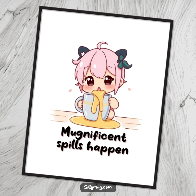 Funny Free Printable Wall Art: Character with a surprised expression after spilling hot liquid from a mug, a humorous scene.