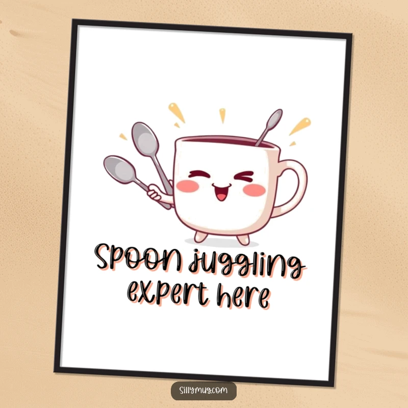 Funny Free Printable Wall Art: A mischievous mug winks delightfully while juggling three spoons with obvious glee.