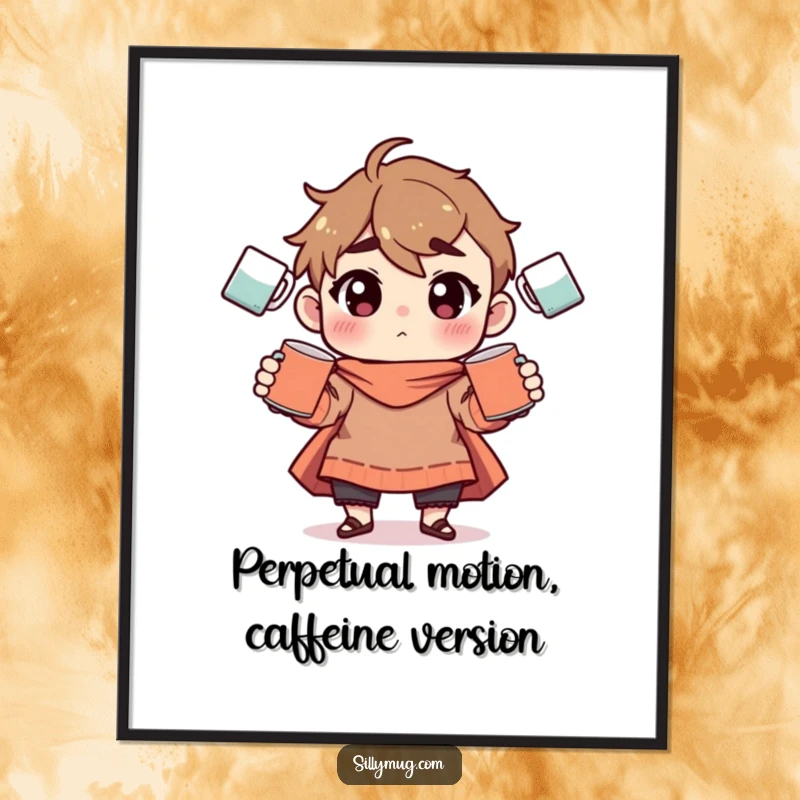 Funny Free Printable Wall Art: Character comically juggles a tower of coffee mugs, adding a humorous touch to any room, a great downloadable piece.