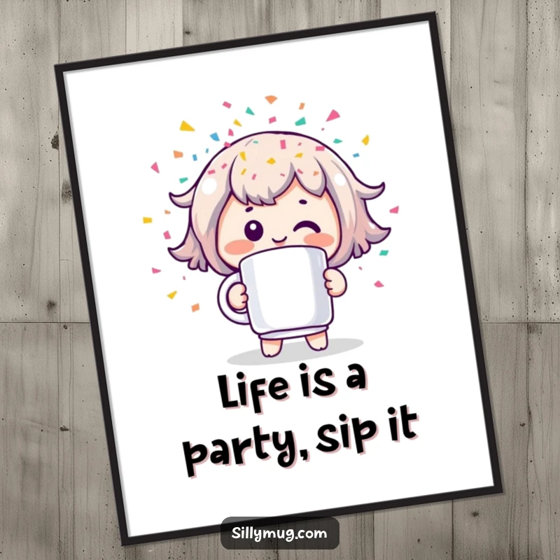 Funny Free Printable Wall Art depicting a cheerful Kawaii character joyfully operating a mug that shoots out a vibrant cascade of confetti.