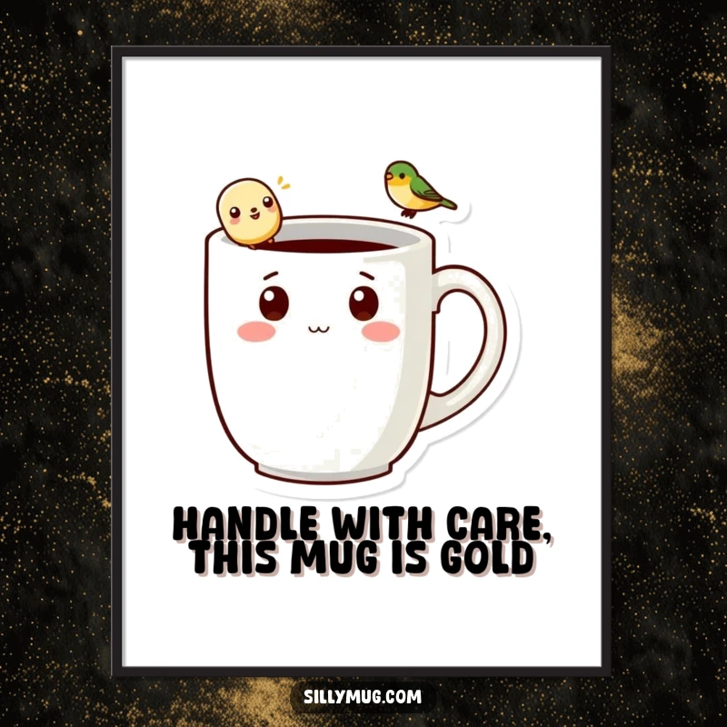Funny Free Printable Wall Art: A cheerful kawaii mug character with a tiny bird perched on its handle, creating a cute scene.