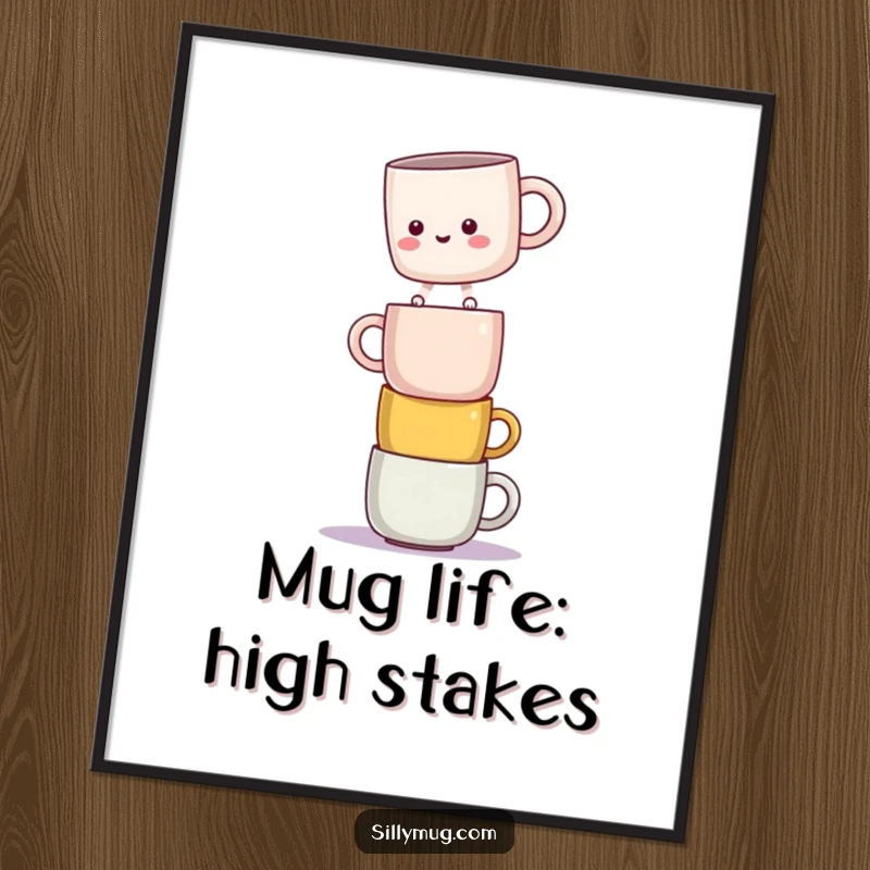 Funny free printable wall art: A kawaii mug tips precariously on a towering stack of mismatched mugs.