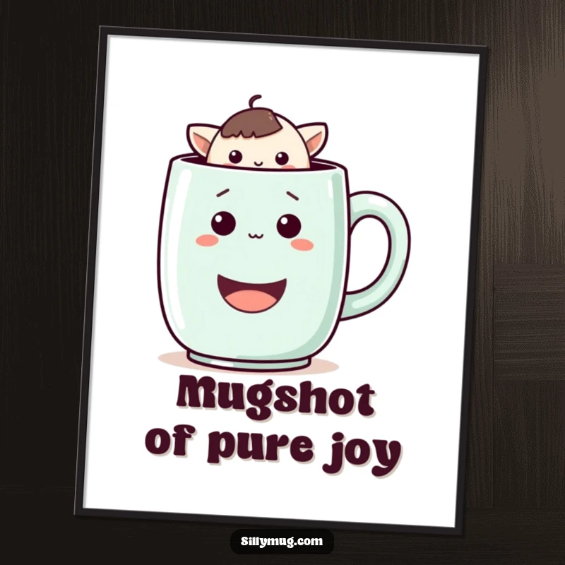 Funny Free Printable Wall Art showcasing a cheerful, playful Kawaii character peeking from within a wonderfully large, smiling coffee mug.