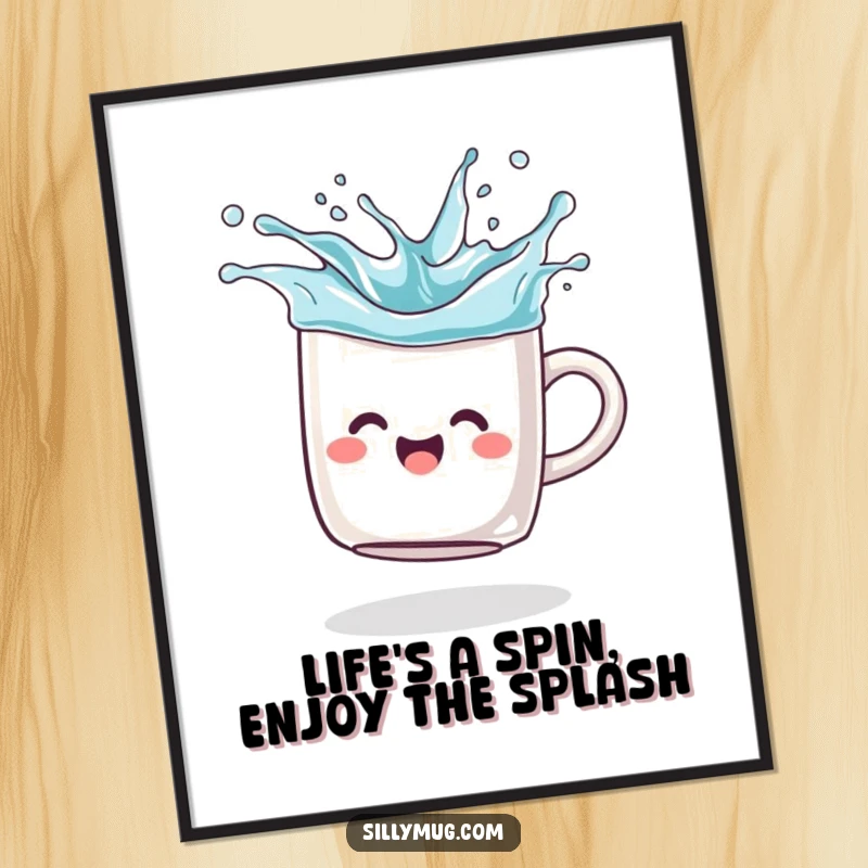 Funny free printable wall art depicting a joyful mug spinning like a top, splashing imaginary liquid, bringing dynamic humor to any room.