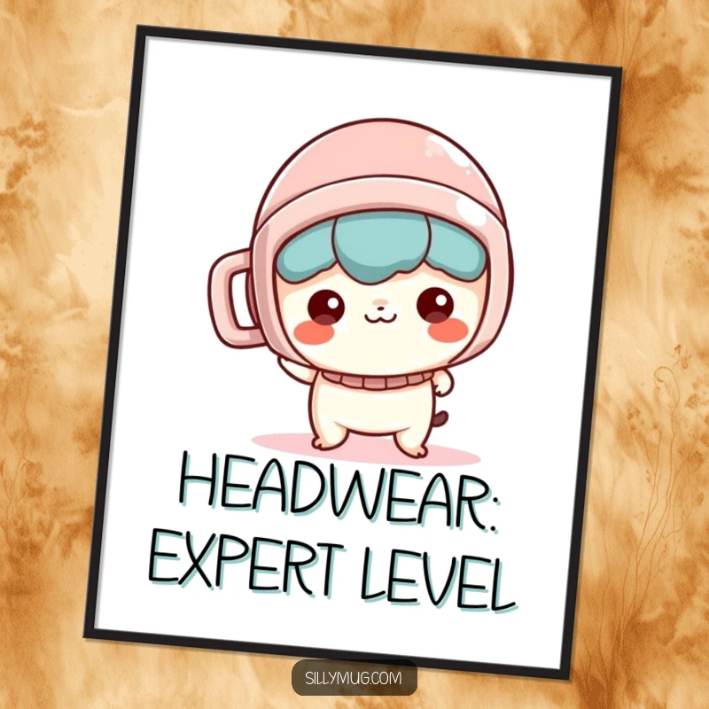 Funny Free Printable Wall Art: Mischievous Kawaii character confidently wears a mug as a helmet, bringing playful energy.