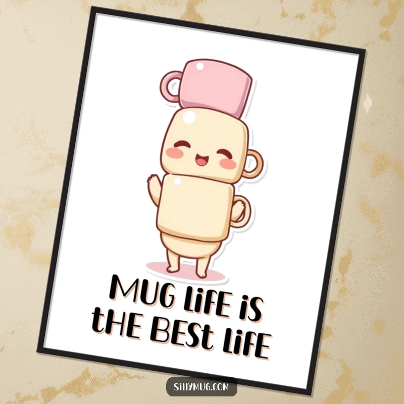 Funny Free Printable Wall Art depicting a giggling Kawaii character attempting to balance an impossibly tall stack of teacups and mugs.