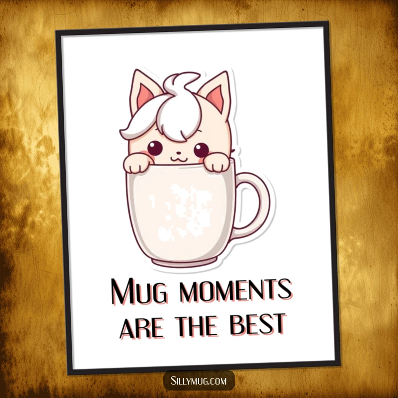 Funny Free Printable Wall Art: Character peeking over a mug rim with a mischievous grin, playful art.