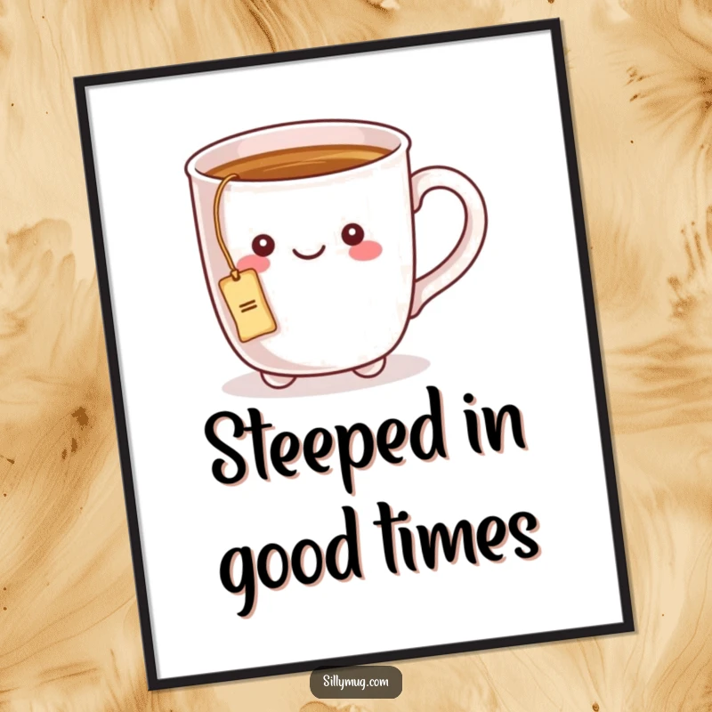 Funny free printable wall art: A kawaii mug sits with a tea bag string humorously secured around its handle.