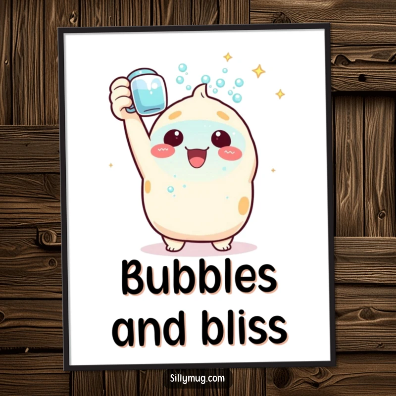 Funny Free Printable Wall Art: Triumphant Kawaii character joyfully raises a mug overflowing with sparkling bubbles, radiating happiness.