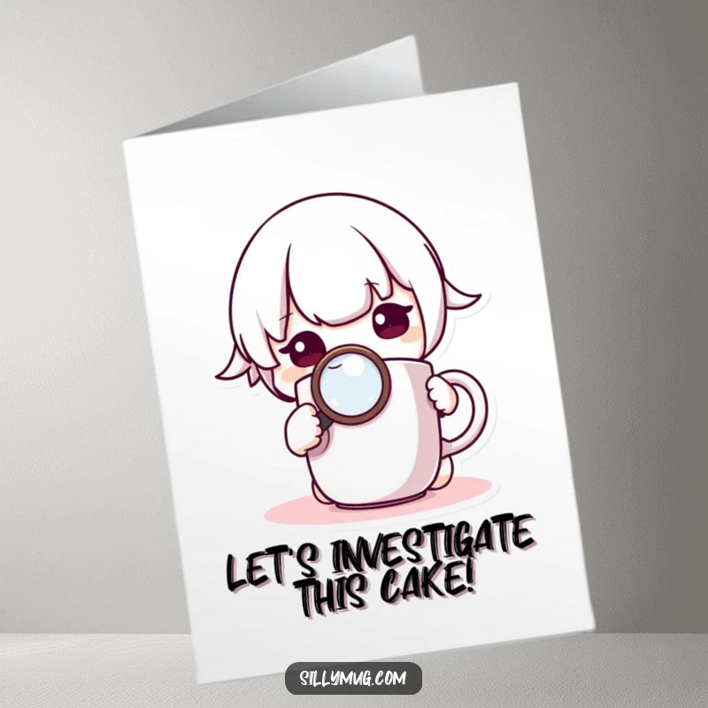 Funny Free Printable Birthday Card: Curious Kawaii character examining a mug with a magnifying glass, seeking birthday cheer.