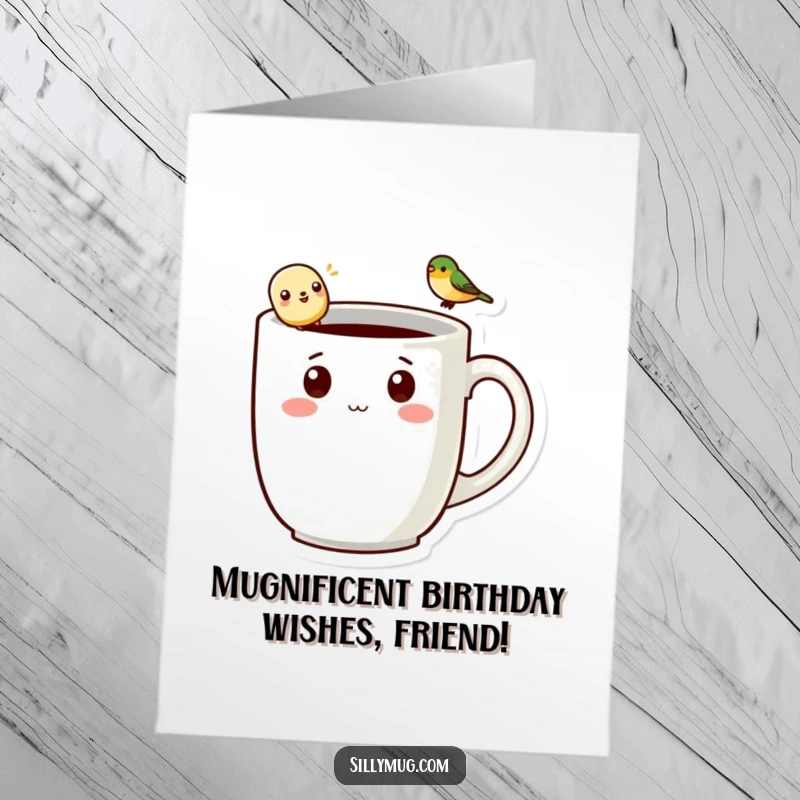 Funny Free Printable Birthday Card featuring a kawaii mug character with a tiny bird perched on its handle, spreading cheer.