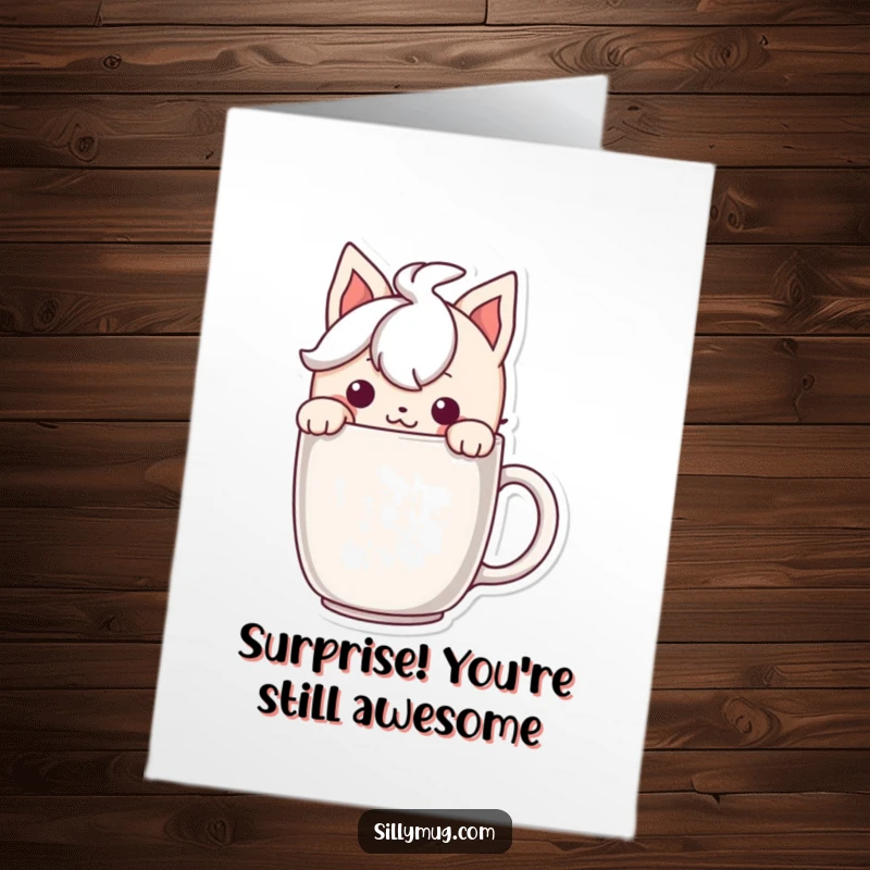 Funny Free Printable Birthday Card: Character peeking over a mug rim with a mischievous grin, plotting birthday fun.