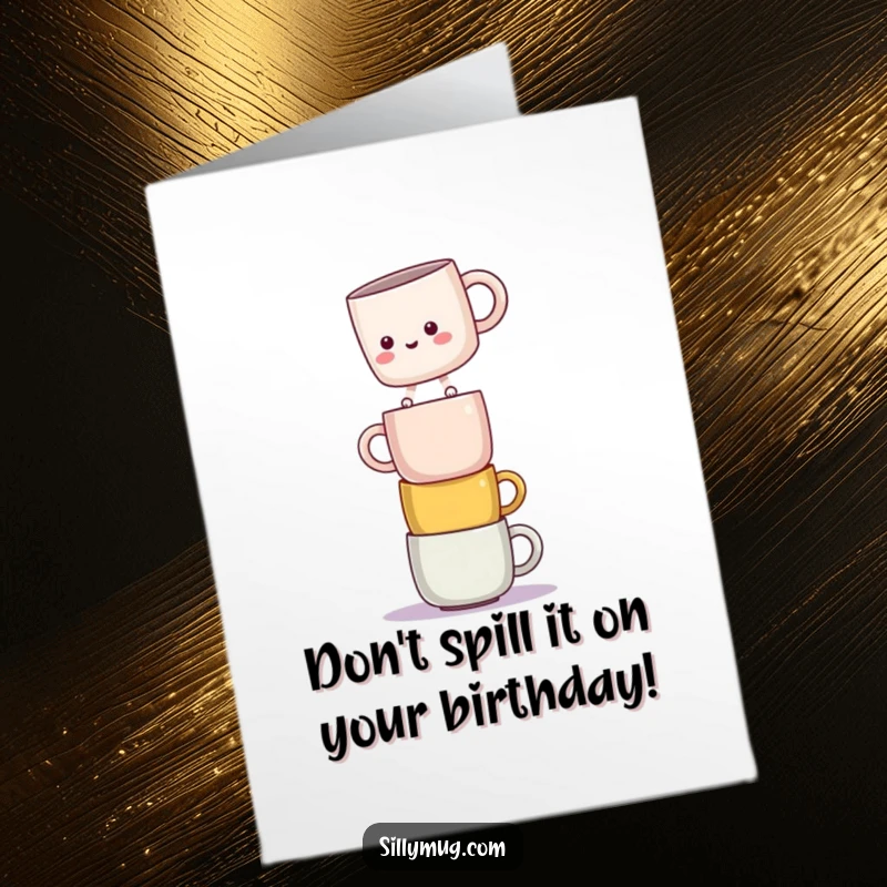 Funny free printable birthday card: Kawaii mug bravely balances atop a wobbly stack of other mugs, a comical feat.