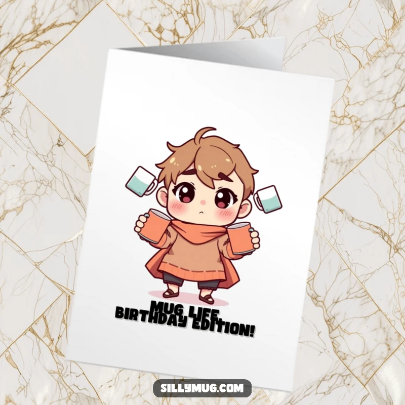 Funny Free Printable Birthday Card: Character hilariously juggles multiple coffee mugs, looking overwhelmed but determined, a perfect DIY gift.