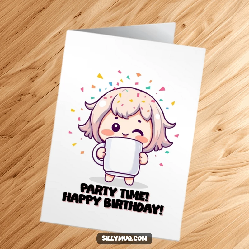 Funny Free Printable Birthday Card featuring a cheerful Kawaii character launching colorful confetti from a coffee mug, ready to party.