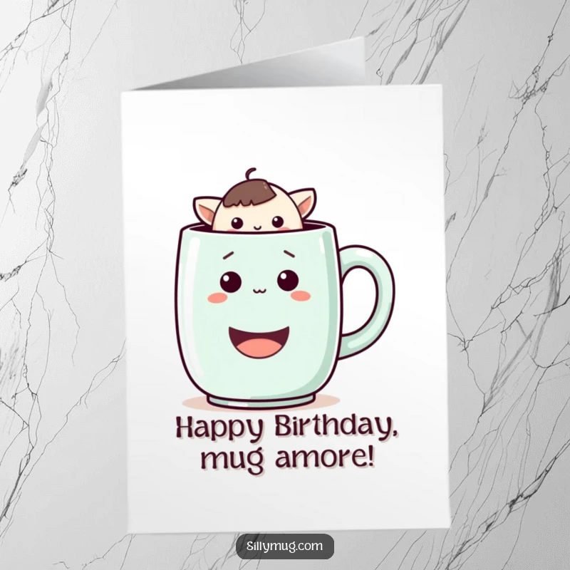 Funny Free Printable Birthday Card showing a cute, playful Kawaii character peeking out from inside a giant, smiling coffee mug.