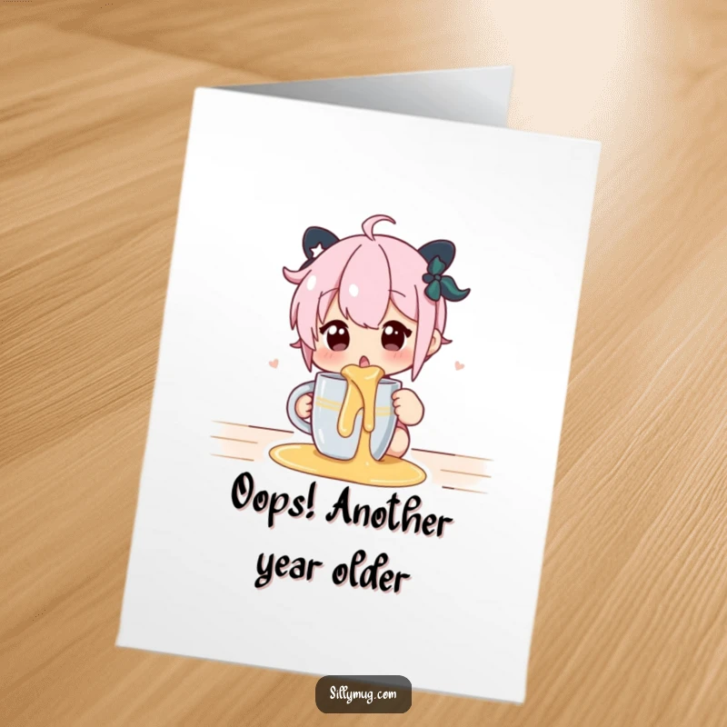 Funny Free Printable Birthday Card: Character with surprised face after spilling hot liquid from a mug, a clumsy moment.