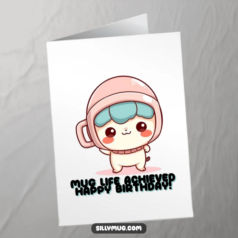 Funny Free Printable Birthday Card: Mischievous Kawaii character wearing a mug as a helmet, ready for silly celebrations.